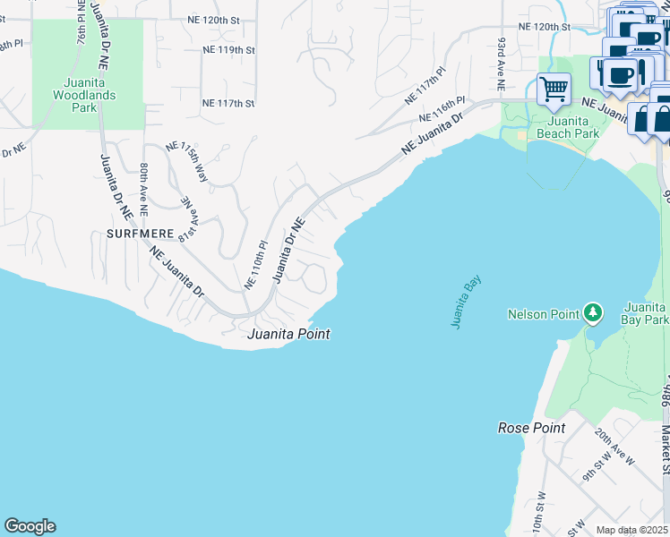 map of restaurants, bars, coffee shops, grocery stores, and more near 8455 Northeast Woodland Cove Drive in Kirkland