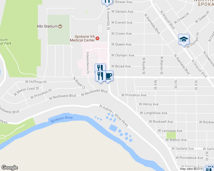 map of restaurants, bars, coffee shops, grocery stores, and more near 4605 N Assembly St in Spokane