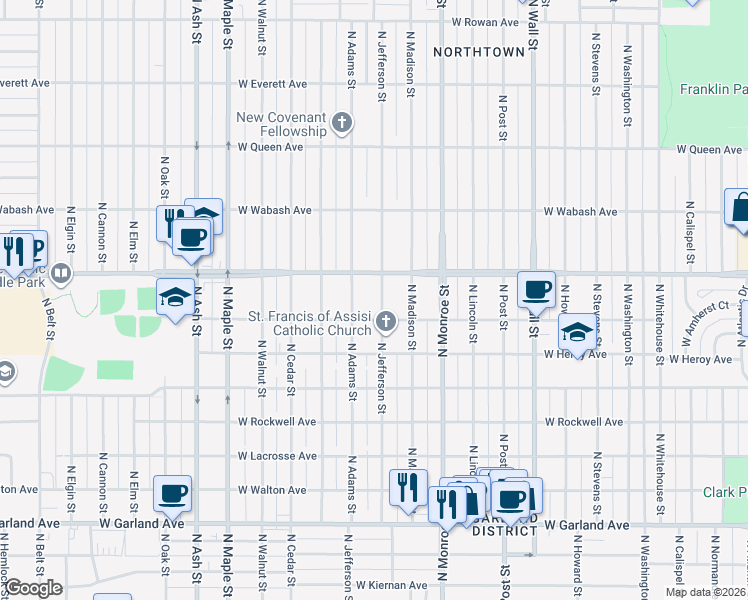 map of restaurants, bars, coffee shops, grocery stores, and more near 4517 North Jefferson Street in Spokane