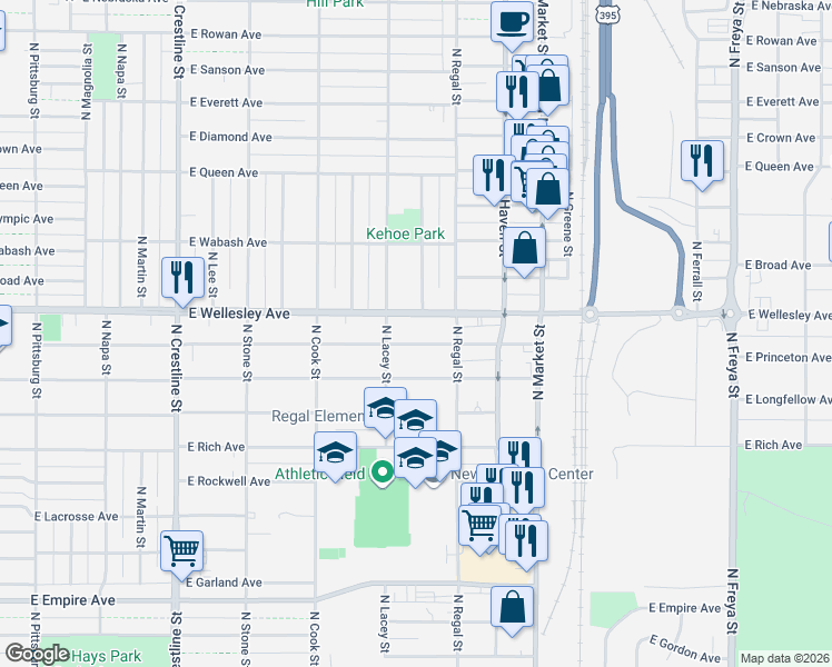 map of restaurants, bars, coffee shops, grocery stores, and more near 2811 East Hoffman Avenue in Spokane