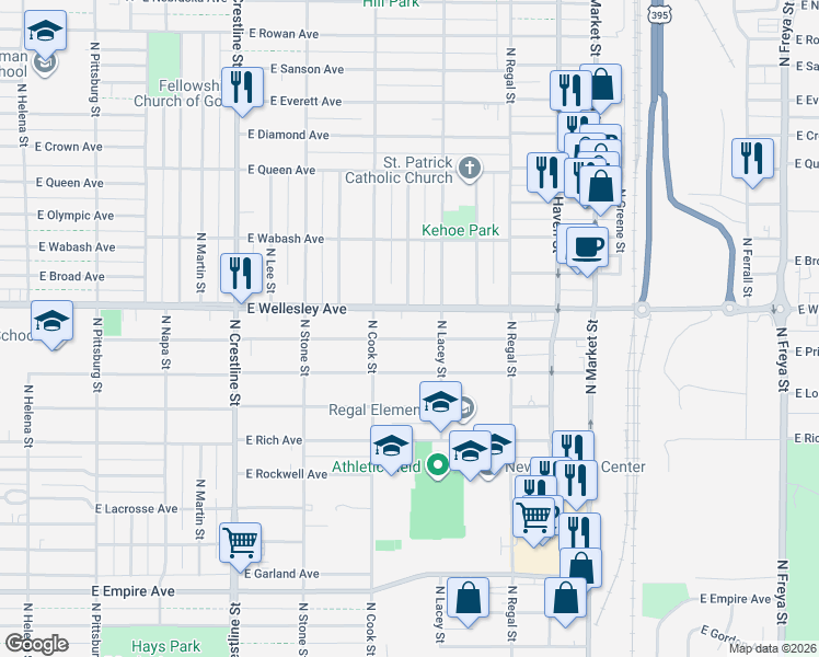 map of restaurants, bars, coffee shops, grocery stores, and more near 2603 East Hoffman Avenue in Spokane