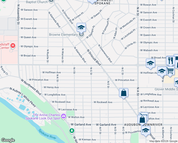map of restaurants, bars, coffee shops, grocery stores, and more near 3522 West Hoffman Avenue in Spokane