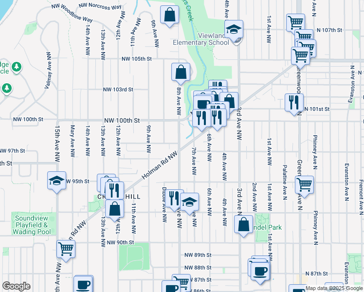 map of restaurants, bars, coffee shops, grocery stores, and more near 9702 8th Avenue Northwest in Seattle
