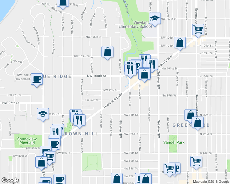 map of restaurants, bars, coffee shops, grocery stores, and more near 823 Northwest 97th Street in Seattle