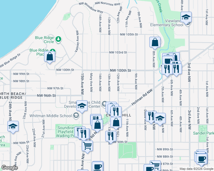 map of restaurants, bars, coffee shops, grocery stores, and more near 9623 13th Avenue Northwest in Seattle