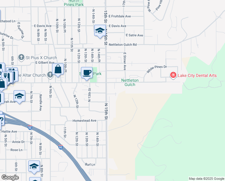 map of restaurants, bars, coffee shops, grocery stores, and more near 2511 North 16th Street in Coeur d'Alene