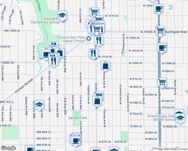 map of restaurants, bars, coffee shops, grocery stores, and more near 9711 Greenwood Avenue North in Seattle