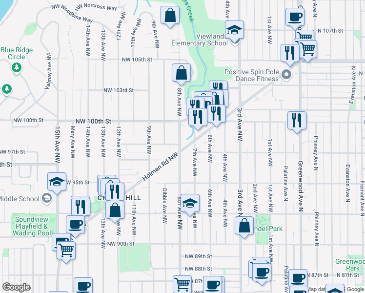 map of restaurants, bars, coffee shops, grocery stores, and more near 9702 8th Avenue Northwest in Seattle
