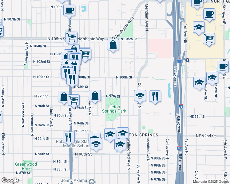 map of restaurants, bars, coffee shops, grocery stores, and more near 9710 Woodlawn Avenue North in Seattle