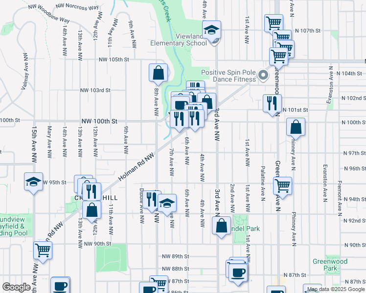 map of restaurants, bars, coffee shops, grocery stores, and more near 612 Northwest 97th Street in Seattle