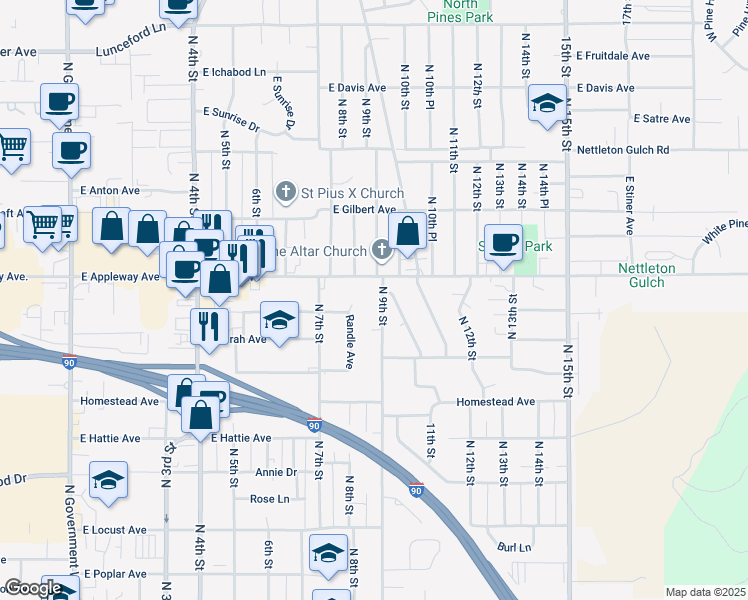 map of restaurants, bars, coffee shops, grocery stores, and more near 2433 North 9th Street in Coeur d'Alene