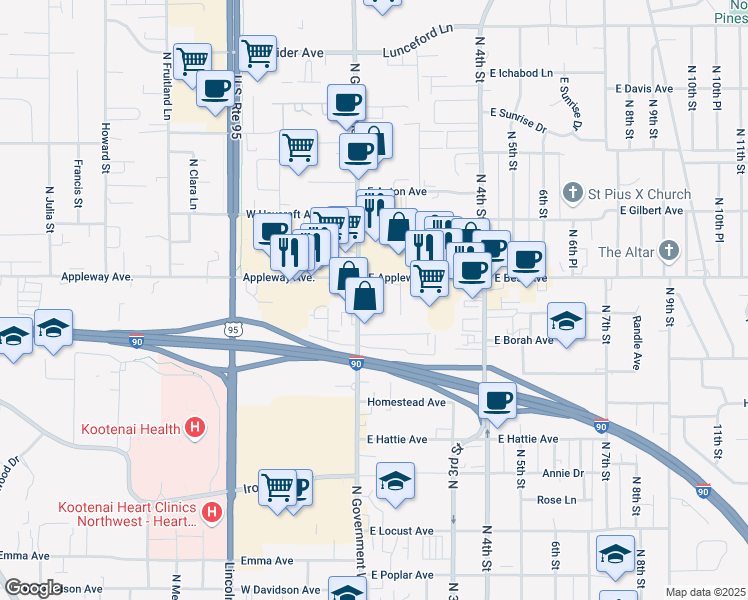 map of restaurants, bars, coffee shops, grocery stores, and more near 2500 North Government Way in Coeur d'Alene