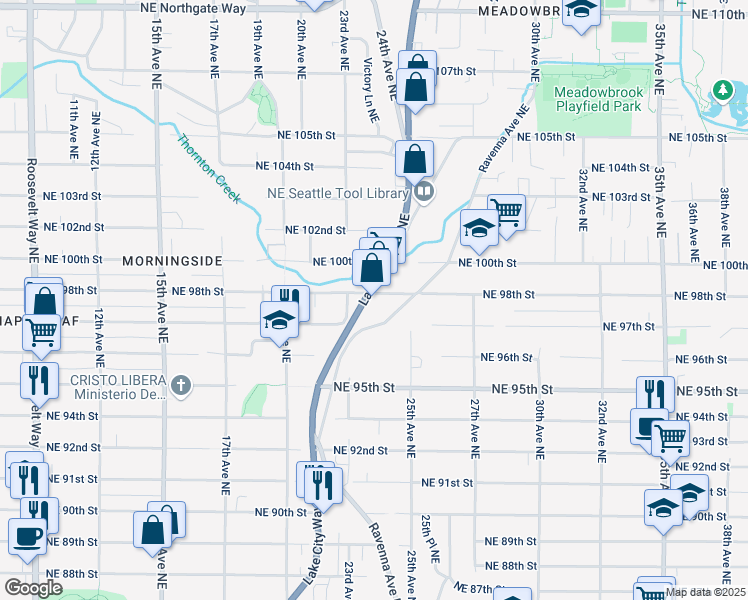 map of restaurants, bars, coffee shops, grocery stores, and more near 9700 Lake City Way Northeast in Seattle