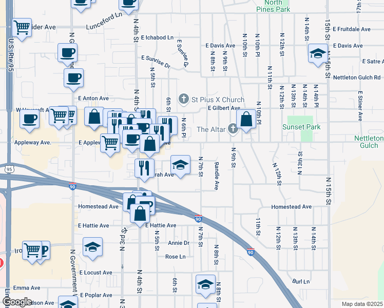 map of restaurants, bars, coffee shops, grocery stores, and more near 606 East Best Avenue in Coeur d'Alene
