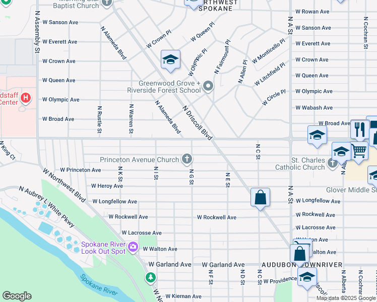 map of restaurants, bars, coffee shops, grocery stores, and more near 3428 West Hoffman Avenue in Spokane