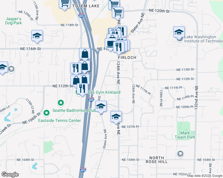 map of restaurants, bars, coffee shops, grocery stores, and more near 11101 123rd Lane Northeast in Kirkland