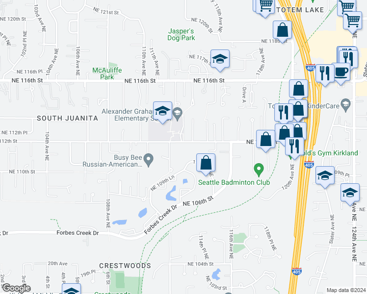 map of restaurants, bars, coffee shops, grocery stores, and more near 11347 Northeast 112th Street in Kirkland