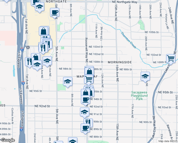 map of restaurants, bars, coffee shops, grocery stores, and more near 9719 Roosevelt Way Northeast in Seattle