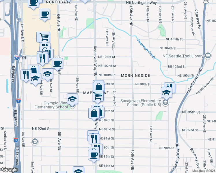 map of restaurants, bars, coffee shops, grocery stores, and more near 1041 Northeast 98th Street in Seattle