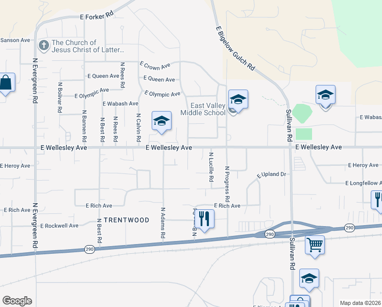 map of restaurants, bars, coffee shops, grocery stores, and more near 4718 North Burns Road in Spokane Valley