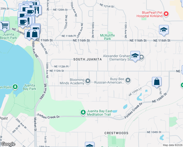 map of restaurants, bars, coffee shops, grocery stores, and more near 11132 105th Avenue Northeast in Kirkland