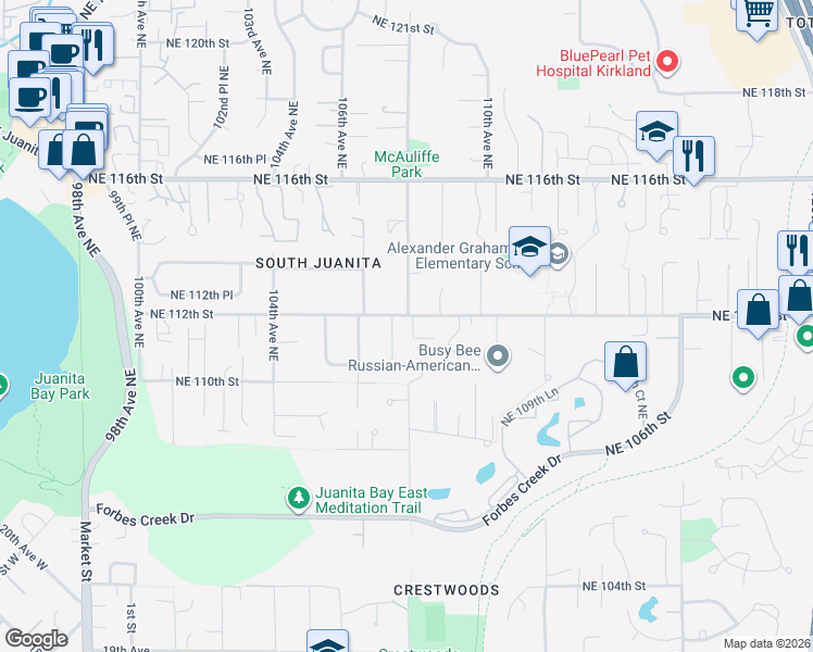 map of restaurants, bars, coffee shops, grocery stores, and more near 11136 108th Ave NE in Kirkland