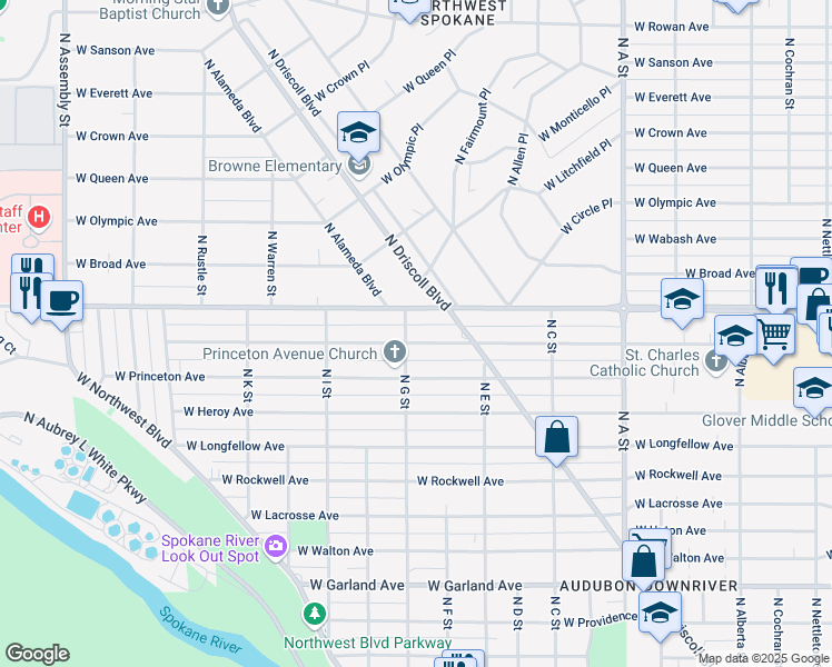 map of restaurants, bars, coffee shops, grocery stores, and more near 3428 West Hoffman Avenue in Spokane