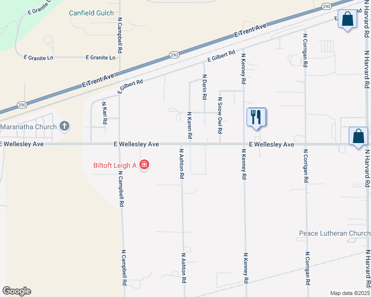 map of restaurants, bars, coffee shops, grocery stores, and more near 20702 East Wellesley Avenue in Otis Orchards-East Farms