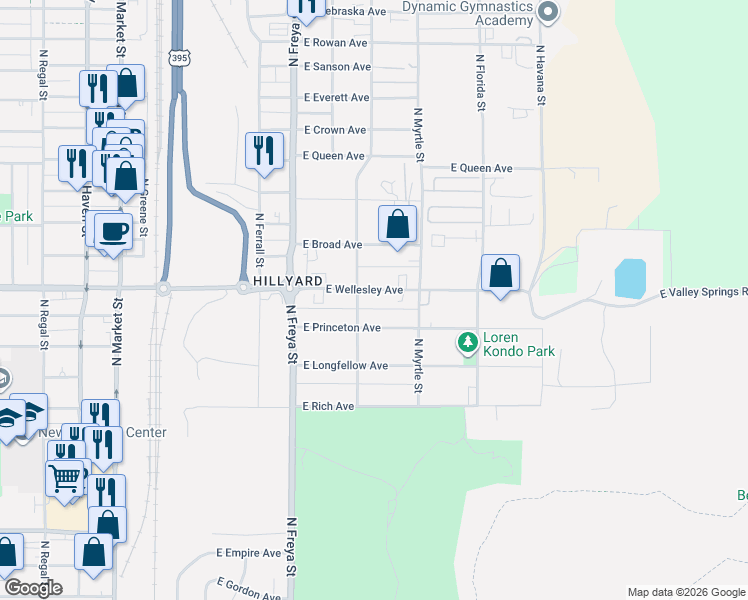 map of restaurants, bars, coffee shops, grocery stores, and more near 3816 East Wellesley Avenue in Spokane