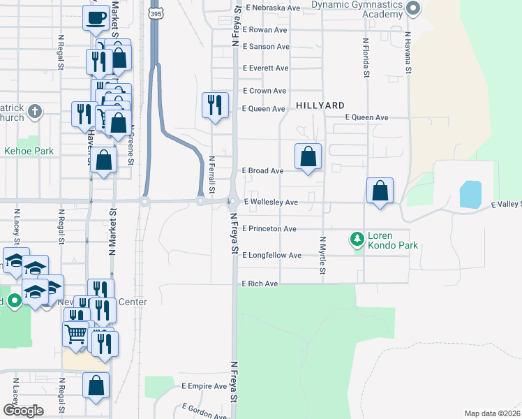 map of restaurants, bars, coffee shops, grocery stores, and more near 3704 East Wellesley Avenue in Spokane