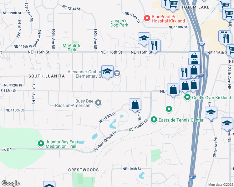 map of restaurants, bars, coffee shops, grocery stores, and more near 11205 Northeast 112th Street in Kirkland