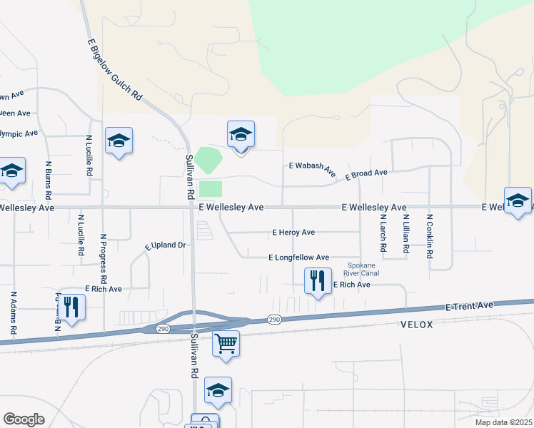 map of restaurants, bars, coffee shops, grocery stores, and more near 15816 East Wellesley Avenue in Spokane Valley