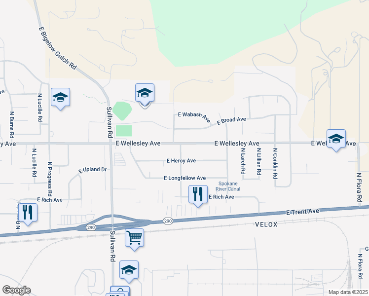 map of restaurants, bars, coffee shops, grocery stores, and more near 4718 North Moore Road in Spokane Valley