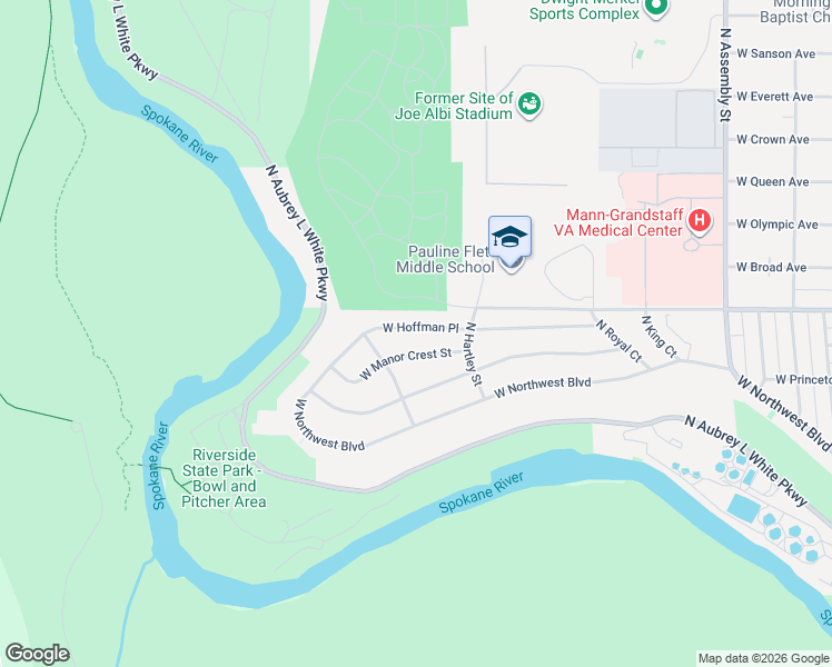 map of restaurants, bars, coffee shops, grocery stores, and more near 5212 West Manor Crest Street in Spokane
