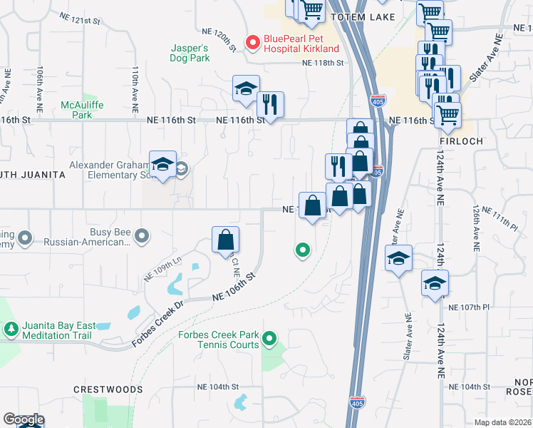 map of restaurants, bars, coffee shops, grocery stores, and more near 11109 116th Avenue Northeast in Kirkland