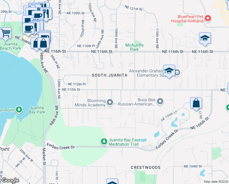map of restaurants, bars, coffee shops, grocery stores, and more near 10455 Northeast 112th Street in Kirkland