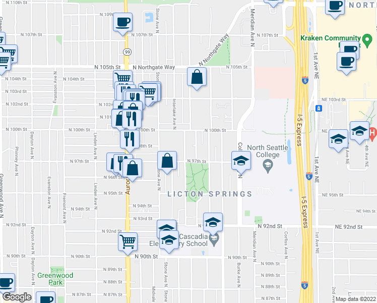 map of restaurants, bars, coffee shops, grocery stores, and more near 9710A Ashworth Avenue North in Seattle