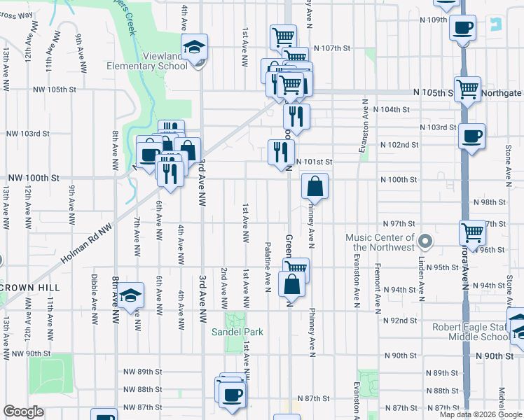 map of restaurants, bars, coffee shops, grocery stores, and more near in Seattle