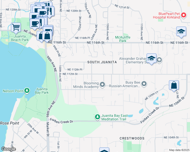 map of restaurants, bars, coffee shops, grocery stores, and more near 10411 Northeast 112th Street in Kirkland