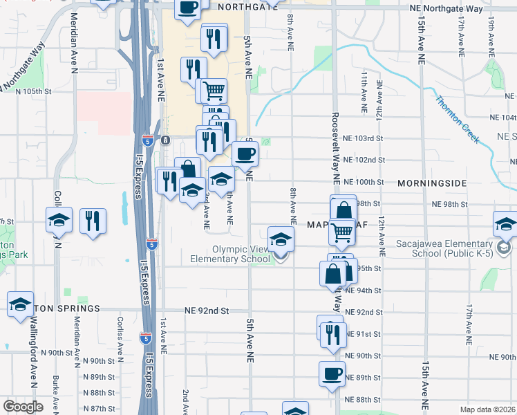 map of restaurants, bars, coffee shops, grocery stores, and more near 9710 5th Avenue Northeast in Seattle