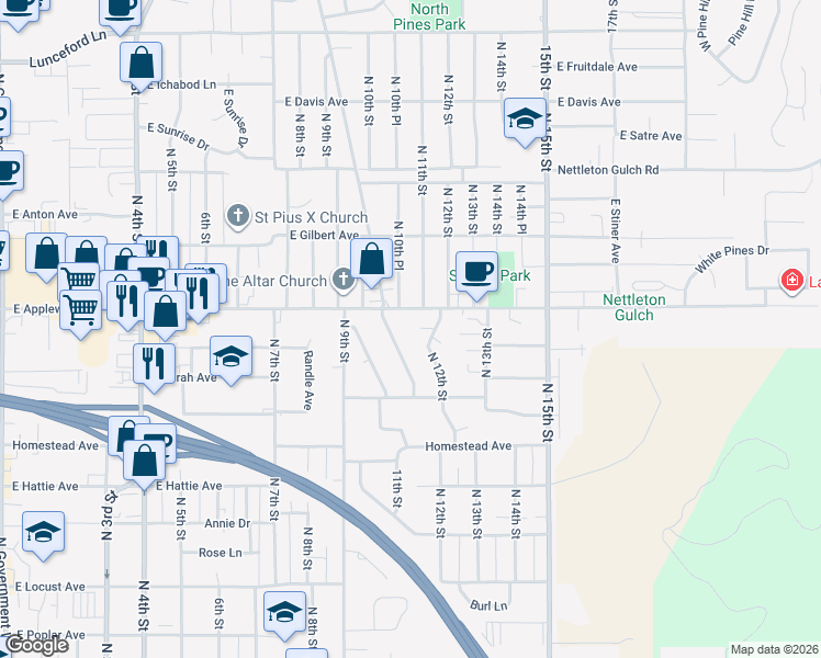 map of restaurants, bars, coffee shops, grocery stores, and more near 1102 Titus Court in Coeur d'Alene