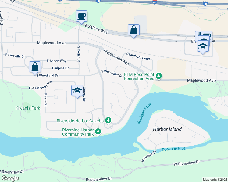 map of restaurants, bars, coffee shops, grocery stores, and more near 5047 East River Place in Post Falls