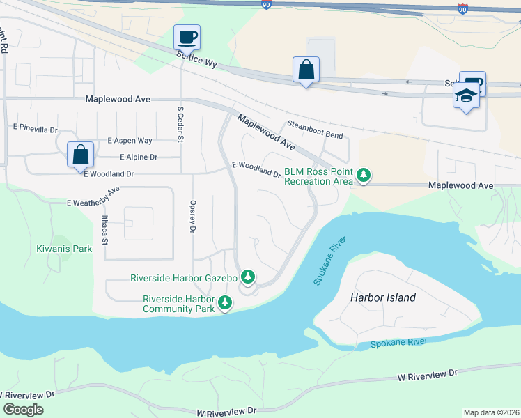 map of restaurants, bars, coffee shops, grocery stores, and more near 5047 East River Place in Post Falls