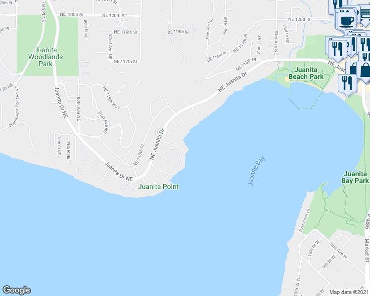 map of restaurants, bars, coffee shops, grocery stores, and more near 8503 Northeast Juanita Drive in Kirkland