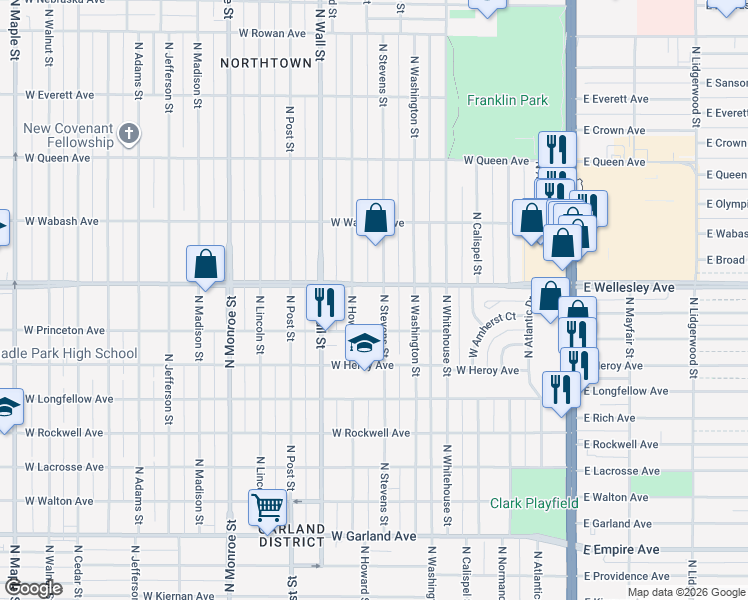 map of restaurants, bars, coffee shops, grocery stores, and more near 4520 North Howard Street in Spokane