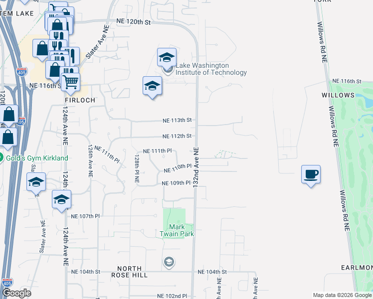 map of restaurants, bars, coffee shops, grocery stores, and more near 11034 131st Avenue Northeast in Kirkland