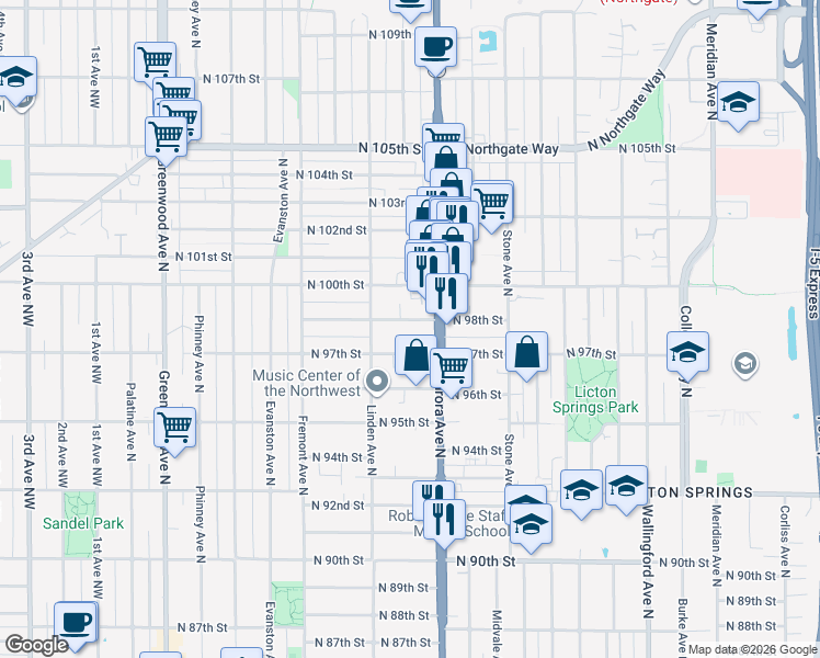 map of restaurants, bars, coffee shops, grocery stores, and more near 928 North 97th Street in Seattle