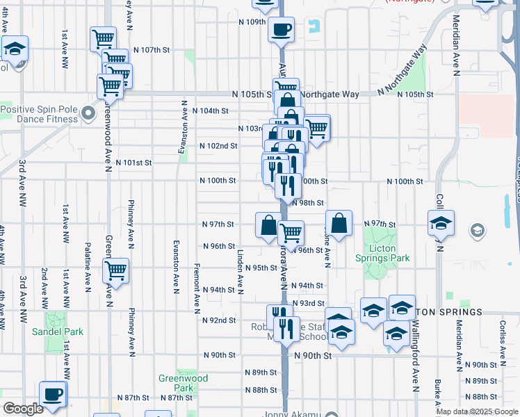 map of restaurants, bars, coffee shops, grocery stores, and more near 928 North 97th Street in Seattle