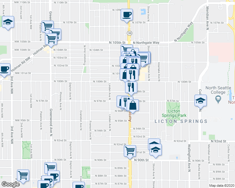 map of restaurants, bars, coffee shops, grocery stores, and more near 928 North 97th Street in Seattle