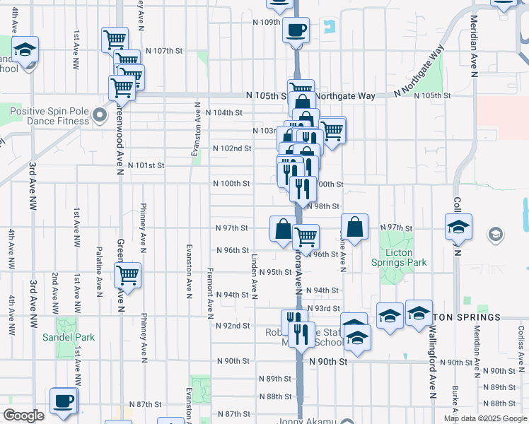 map of restaurants, bars, coffee shops, grocery stores, and more near 928 North 97th Street in Seattle
